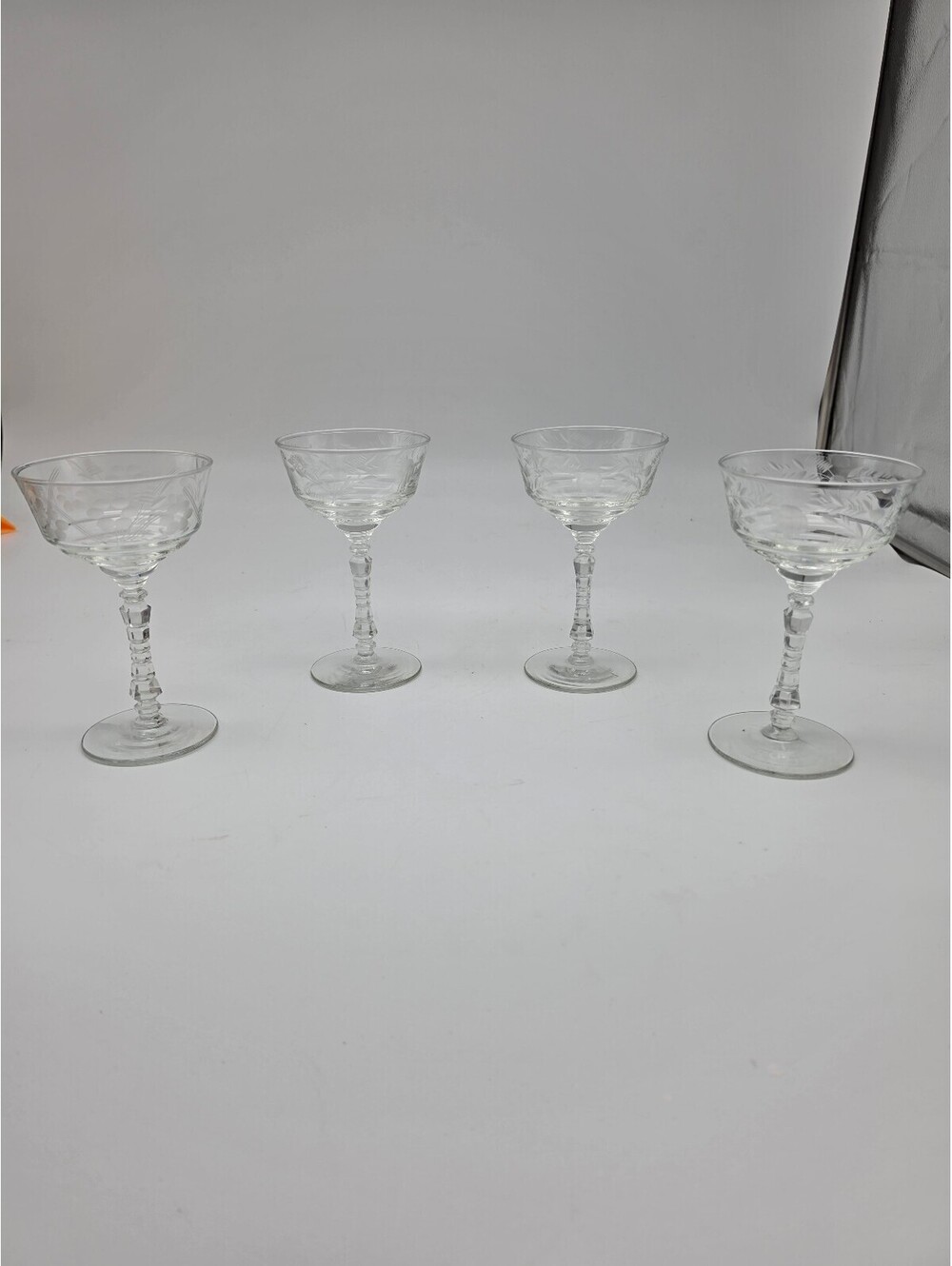 Set of 4 Vintage Etched Glass Champagne Saucer/Coupe Glasses
